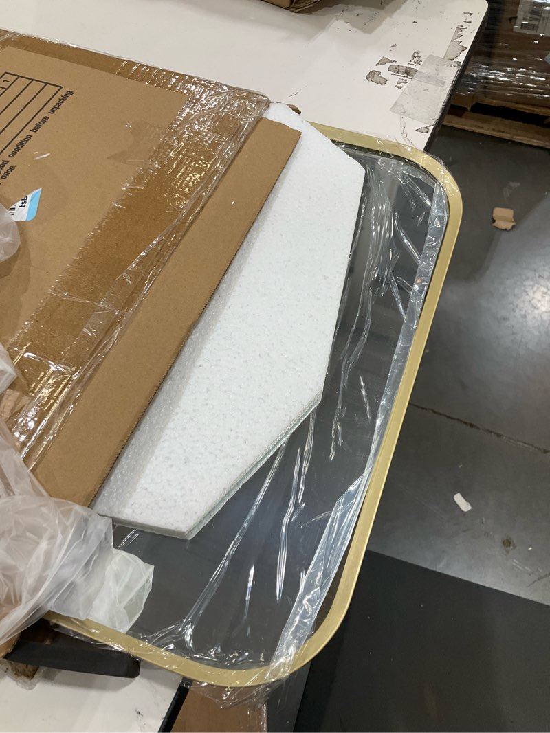 Condition photo showing Good Condition for 16x20 inch Matte Gold Bathroom Mirror for Wall, Rounded Rectangle Mirror with Metal Frame for Bathroom Entryway Vanity,Living Room,Bedroom,Vertical or Horizontal Matte Gold 20"L x 16"W