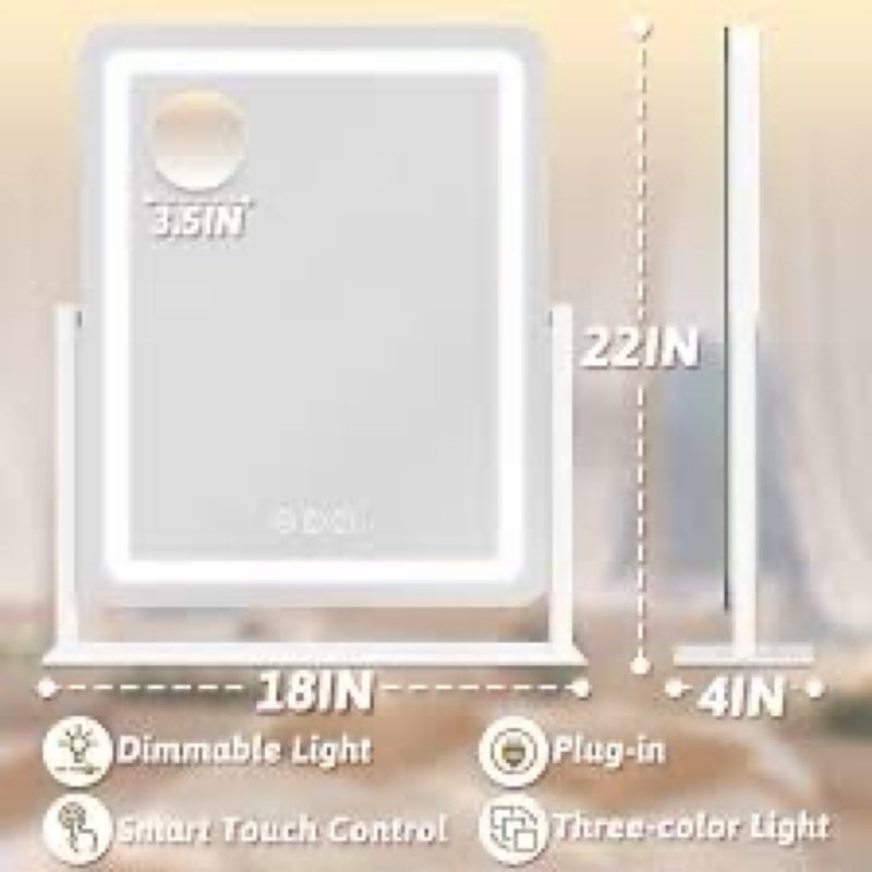 ROLOVE 22x20 Inch Lighted Vanity Mirror, 3-Mode Touch Dimming LED Lighting, Large Makeup Mirror for 