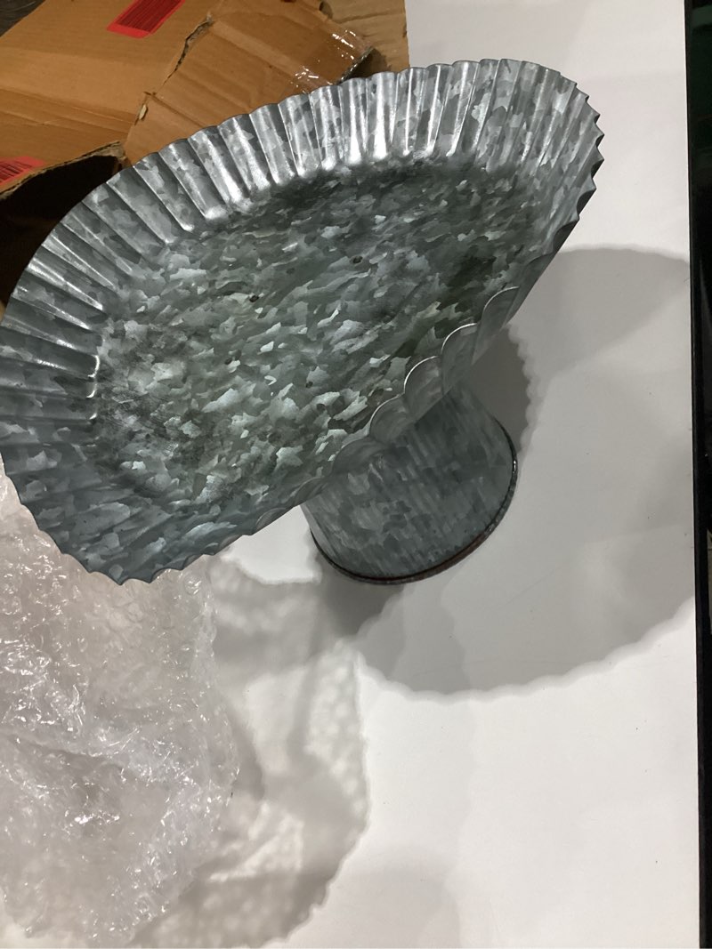 Condition photo showing As Is for galvanized metal cake stand, rustic farmhouse fruit plate buffet stand, serving tray, dessert display tray, home decor, cake stand for wedding, birthday, party -12x12x7 inch flower design - natural, dented