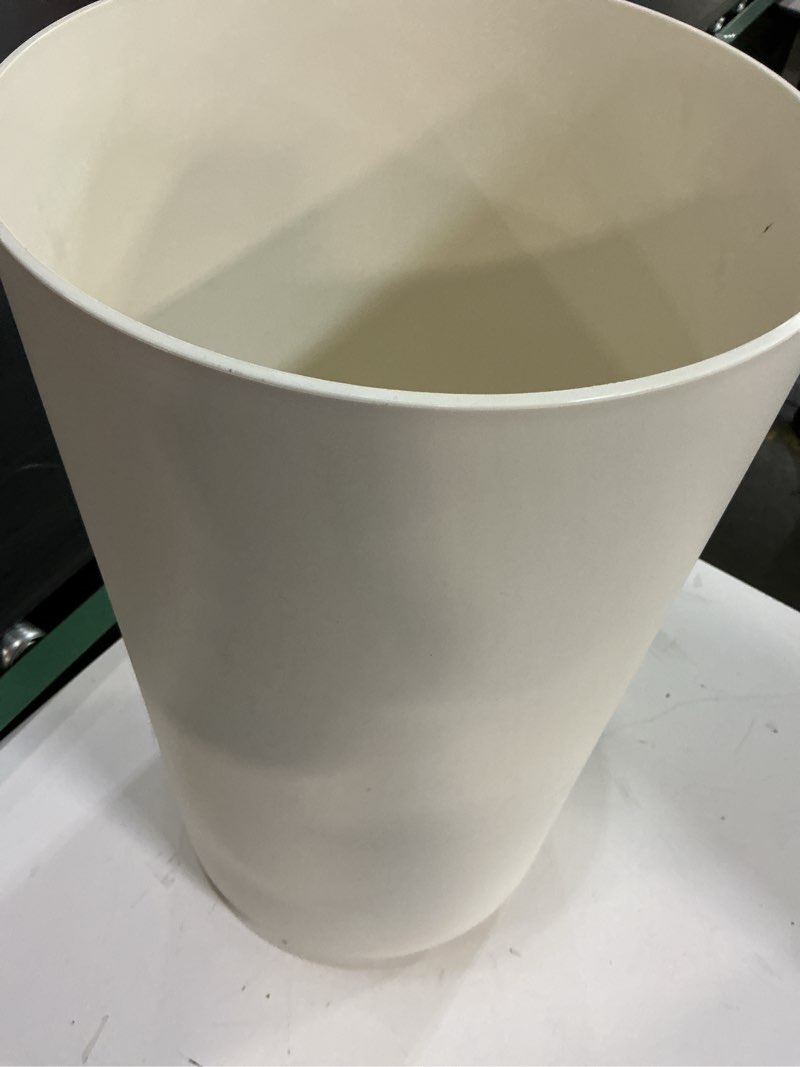 Condition photo showing As Is for mdesign small round  1.7 gal. trash wastebasket/recycling can, cream/beige