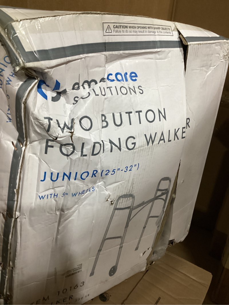 Condition photo showing New/Like New for dynarex junior two-button folding walker with wheels has tool-free adjustable height up to 32.5” & 300 pound weight capacity, silver, 1 junior two-button folding walker with wheels