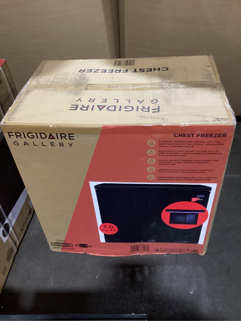 Condition photo showing As Is for Frigidaire Chest Deep Freezer, 7 Cu. Ft. Capacity, Granita Rugged Design-Adjustable Thermostat-Removable Vinyl Coated Wire Basket-Easy Defrost Drain