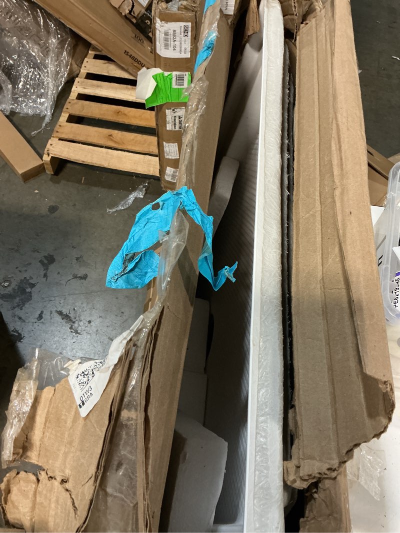 Condition photo showing As Is for dreamline slimline 32 in. d x 42 in. w x 2 3/4 in. h center drain single threshold shower base in white, dlt-1132420 white 32 inch d x 42 inch w center drain