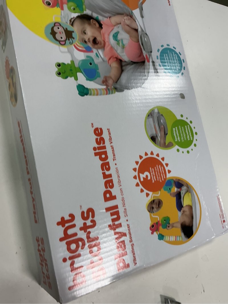 Condition photo showing New/Like New for Bright Starts Playful Paradise Comfy Baby Bouncer Seat with Soothing Vibration and Toys, Unisex, 0-6 Months