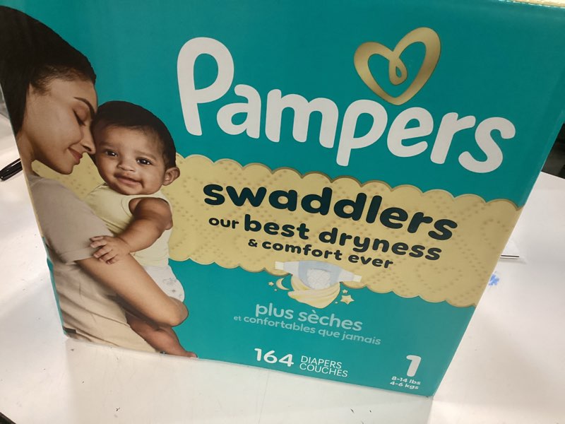 Condition photo showing New/Like New for pampers swaddlers diapers, size 1 (8-14 lbs), 164 count, absorbent, keeps baby dry and comfortable, skin safe disposable baby diaper size 1 164
