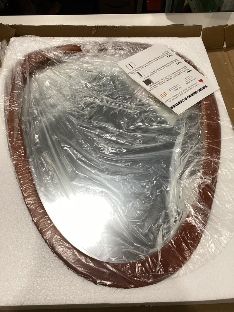 Condition photo showing Good Condition for 22.5" x 17.5" irregular wall mirror, wood frame asymmetrical decorative wall wooden mirror for living room bedroom entryway bathroom hallway home decor brown 22.5"l x 17.5"w