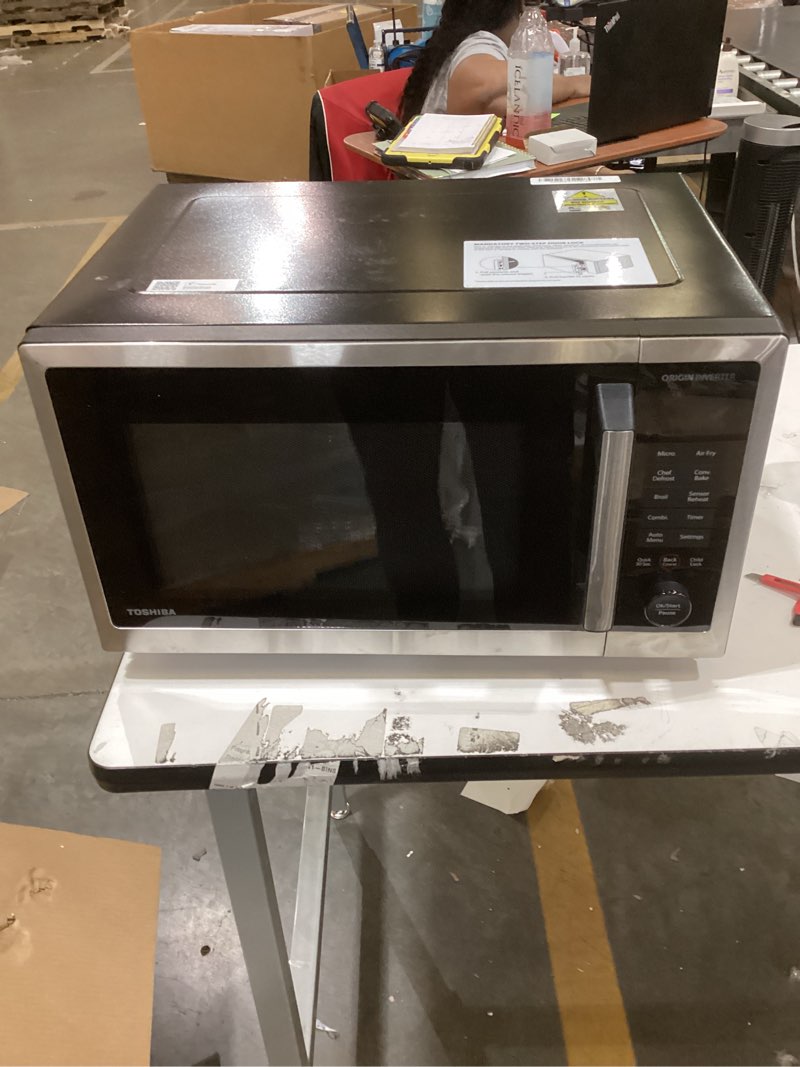 Condition photo showing As Is for TOSHIBA OptiChef Air Fryer Combo Countertop Microwave Oven with 2.4-Inch Color Screen, Origin Inverter Technology, Smart Sensor, Compatible with Alexa, 1100W, 1.3 Cu.Ft, Silver ML2-STC13SAIT(SS)  No glass 