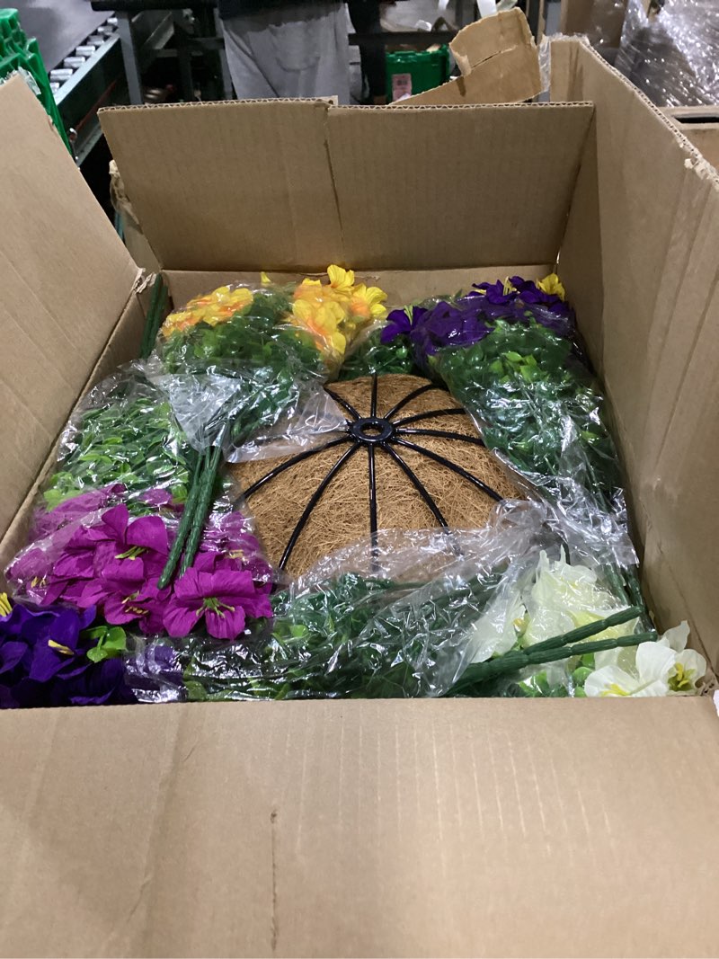 Condition photo showing New/Like New for 2 set artificial outdoor flowers with hanging baskets,24 pcs uv resistant faux petunias flowers with hanging planter for front door porch spring outside decor (2, white,yellow,purple,redviolet) white,yellow,purple,redviolet 2