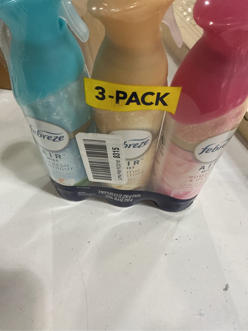 Condition photo showing New/Like New for febreze air mist air freshener spray, odor-fighting room spray for home and bathroom and kitchen, aerosol can, refresh & energize, soothe & restore, romance & desire scent, 8.8oz, 3 count original version mood mix pack