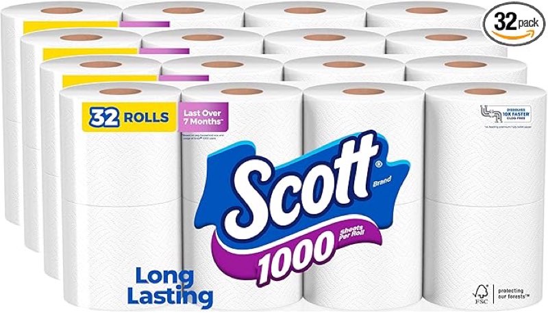 Scott 1000 Toilet Paper, 32 Rolls, Septic-Safe, 1-Ply Toilet Tissue