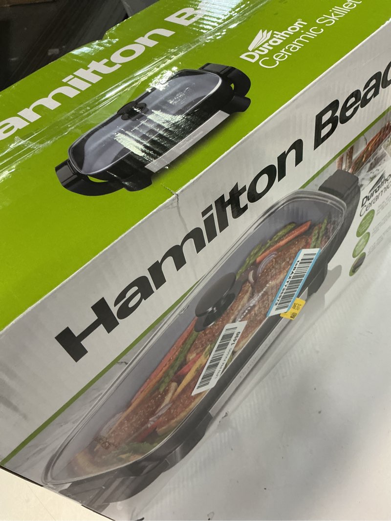 Condition photo showing As Is for Hamilton Beach Electric Skillet with PFAS-Free Durathon Ceramic Coating, Removable 12x15” Pan, Adjustable Temperature, Reversible Design, Tempered Glass Lid, Black Nonstick Surface (38531) Black Nonstick Surface 12x15” Pan