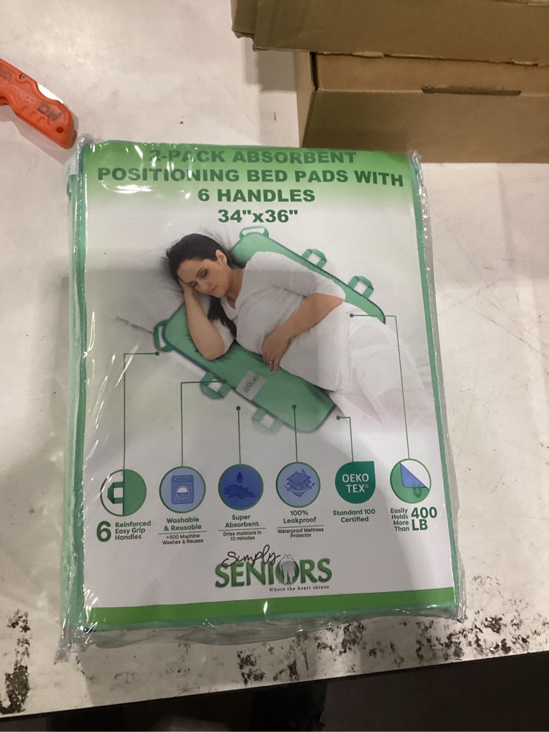 Condition photo showing New/Like New for absorbent positioning bed pads for elderly with 6 handles 34"x36"- 2 pack of washable waterproof incontinence draw sheets - reusable bed mobility under pads for seniors disabled & bedridden patients green 34x36 - 6 handles 2-pack
