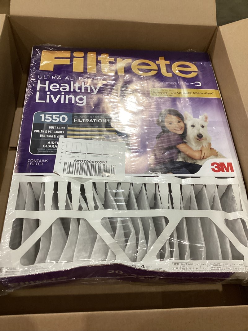Condition photo showing As Is for filtrete 20x25x4 ac furnace air filter, mpr 1550, merv 12, fits honeywell & aprilaire space-gard, certified asthma & allergy friendly, electrostatic filter, 4-pack (actual size 19.88 x 24.63 x 4.31)