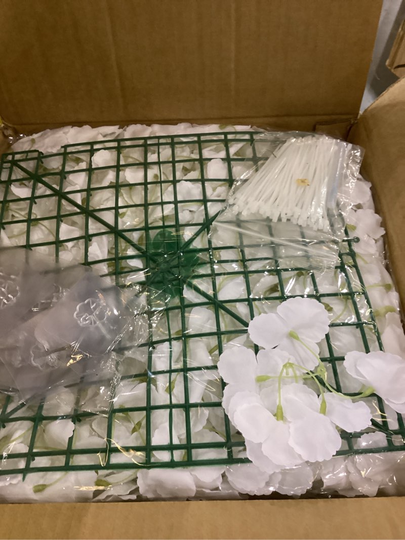 Condition photo showing New/Like New for Flower Wall Panels White Backdrop: Artificial Flower Wall Backdrop 5ft by 7.5ft Hydrangea Floral Wall for Wedding Party Decoration (24 Pcs 15 x 15 Inch)