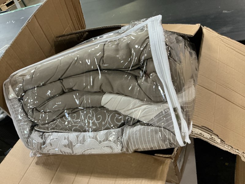 Condition photo showing New/Like New for lanco modern lifestyle taupe comforter set, queen, damask jacquard with matching solid piece work, 7 piece soft bedding set for all season, bed skirt, pillow shams and decorative pillows taupe queen