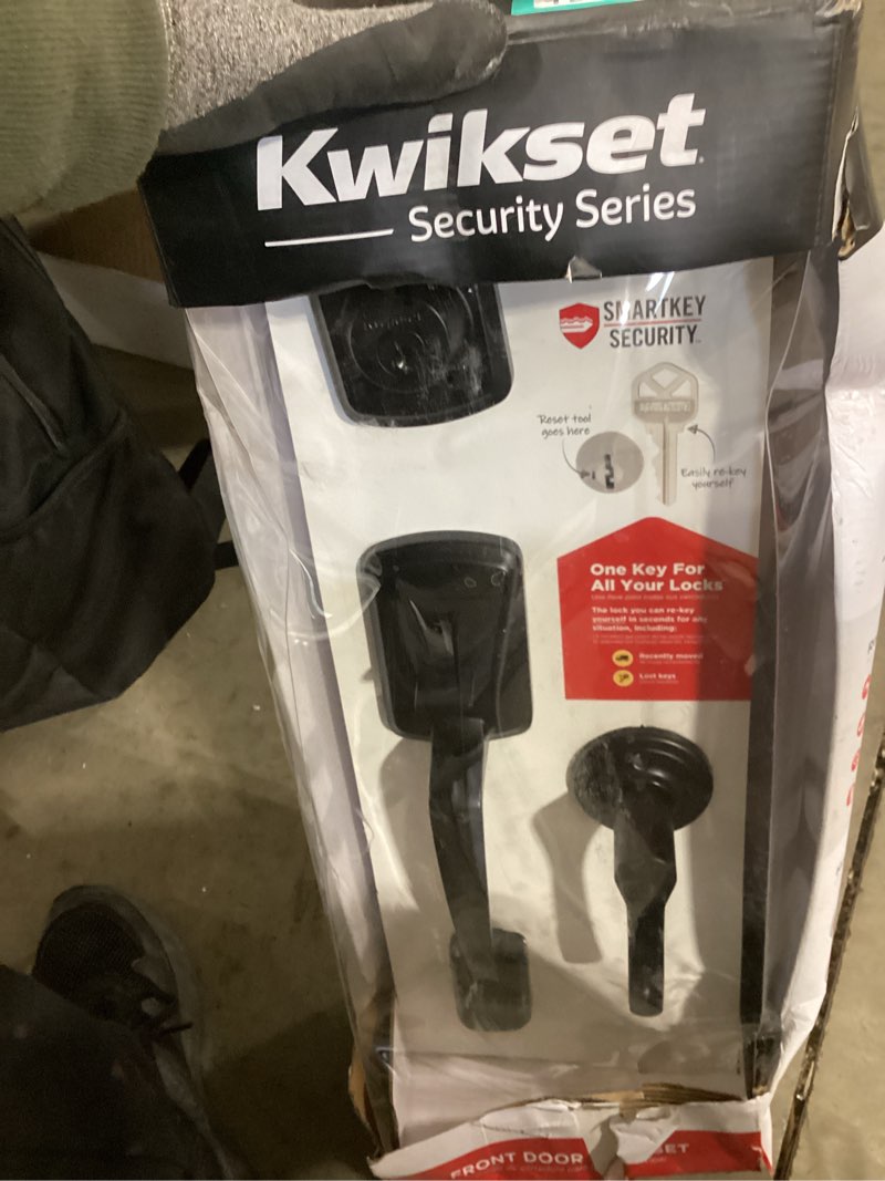 Condition photo showing Good Condition for kwikset henley front door lock handle and deadbolt set, entry handleset exterior with interior reversible lever, matte black, pick resistant smartkey rekey deadbolt security, with microban protection