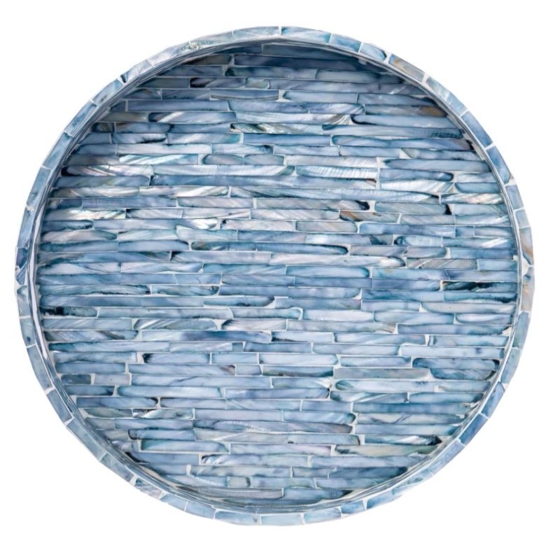 pemar 12.6” mother of pearls lacquer inlaid round serving tray with handles, round decorative nacred wooden ottoman coffee table tray (blue tiles)