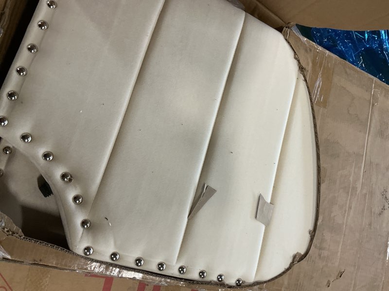 Condition photo showing As Is for Queen Size Velvet Bed Frame, Vertical Channel Tufted 50" Tall Headboard and Footboard with Nailhead Trim, Upholstered Platform QueenBed, Strong Wooden Slats, No Box Spring Needed, Easy Assembly, Beige Beige Queen