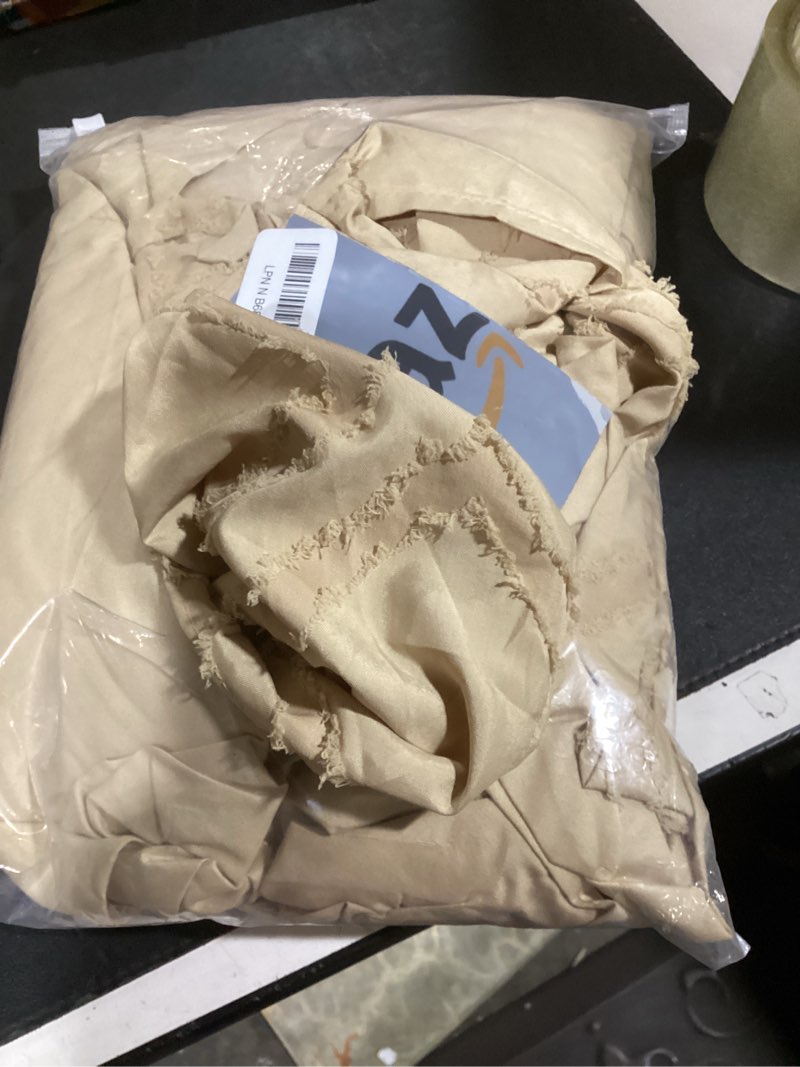 Condition photo showing Good Condition for bed skirt queen size, ruffled bed skirt with split corners 14 inch drop, boho queen size bed skirts, light camel -14'' queen camel-grid 14''queen