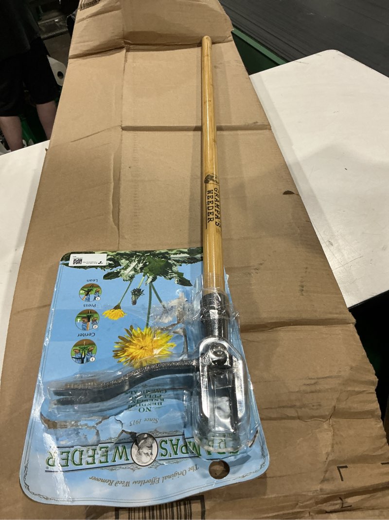 Condition photo showing As Is for grampa's weeder - the original stand up weed puller tool with long handle - made with real bamboo & 4-claw steel head design - easily remove weeds without bending, pulling, or kneeling.