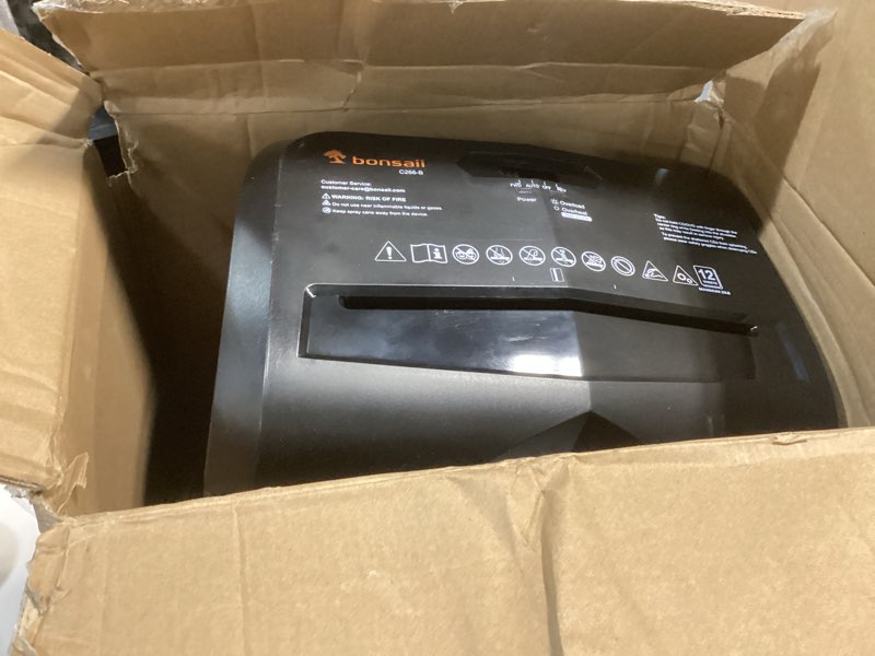 Condition photo showing As Is for Bonsaii 12-Sheet Micro Cut Shredders for Home Office, 60 Minute P-4 Security Level Paper Shredder for CD, Credit Card, Mails, Staple, Clip, with Jam-Proof System & 4.2 Gal Pullout Bin C266-B 12 Sheet-6 0Mins