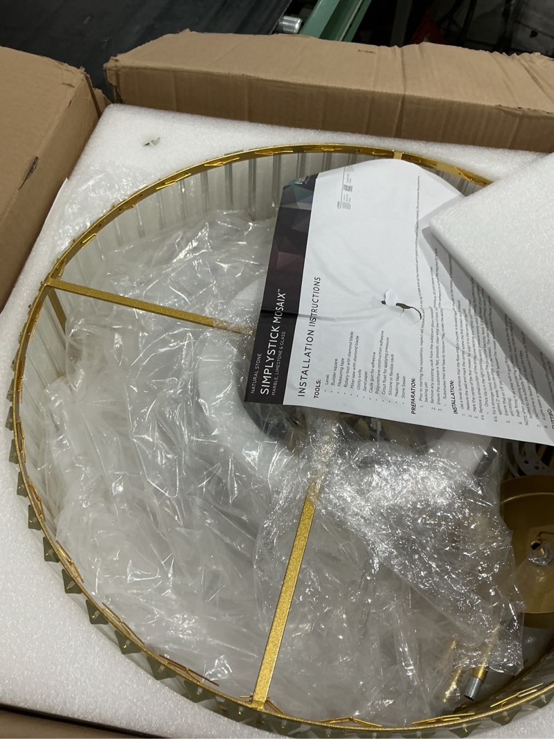 Condition photo showing New/Like New for 5-light gold crystal chandelier for dining room, modern semi flush mount chandelier lighting fixtures, round kitchen hanging drum pendant lights ceiling for living room bedroom entryway foyer? 20 inch gold 20 inch