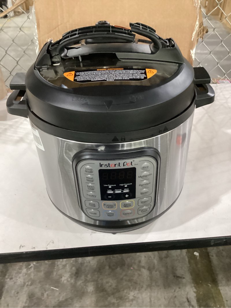 Condition photo showing As Is for not tested, handle broken****** instant pot duo 7-in-1 electric pressure cooker, slow cooker, rice cooker, steamer, sauté, yogurt maker, warmer & sterilizer, includes app with over 800 recipes, stainless steel, 8 quart 8 quarts