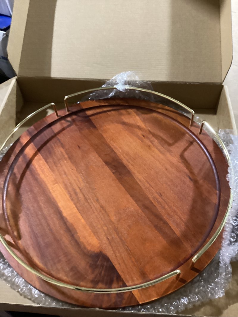 Condition photo showing New/Like New for serving tray simple solid wood round pizza tray with lid and handle cake tray wooden dessert tray food serving tray