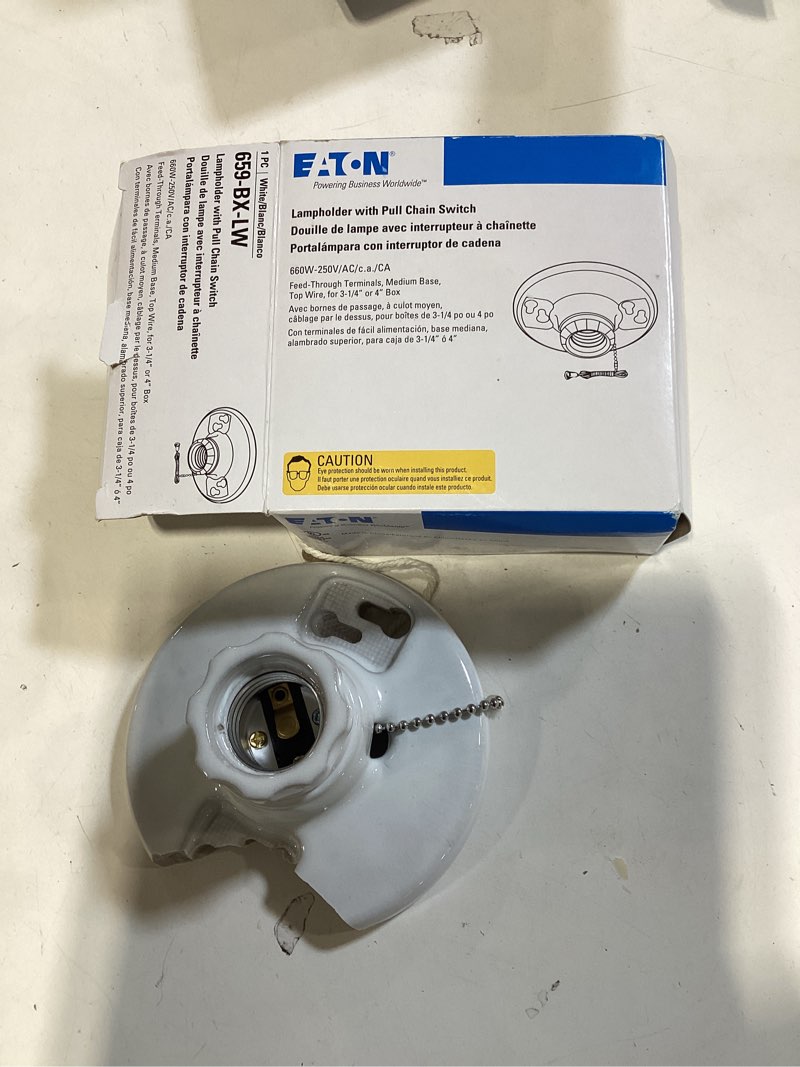 Condition photo showing As Is for eaton 660 -watt plastic pull chain ceiling socket , white