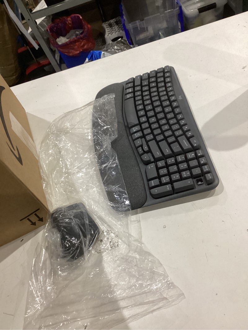 Condition photo showing As Is for logitech wave keys wireless ergonomic keyboard with cushioned palm rest, comfortable natural typing, easy-switch, bluetooth, logi bolt receiver, for multi-os, windows/mac - graphite graphite keyboard
