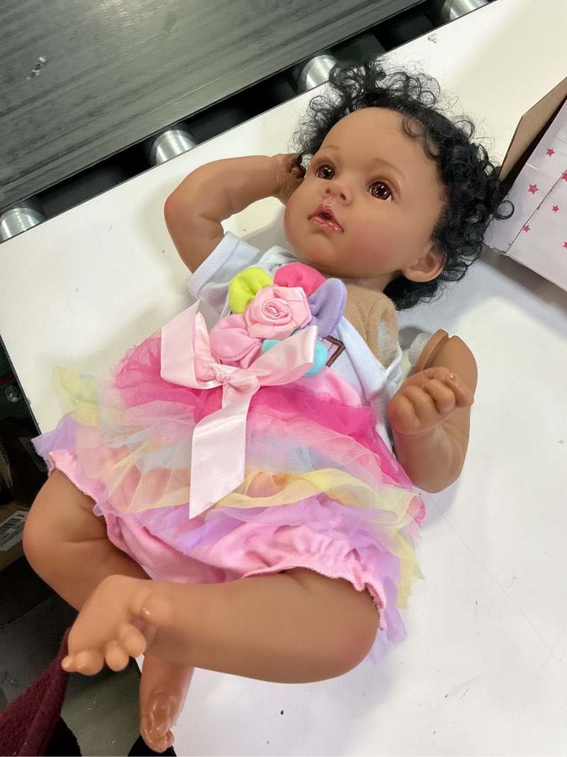 Condition photo showing As Is for scom realistic reborn baby doll - 20 inch real life black doll girl, lifelike african american baby with cloth body & vinyl limb, weighted newborn brown dolls for ages 3 4 5 6 + gift