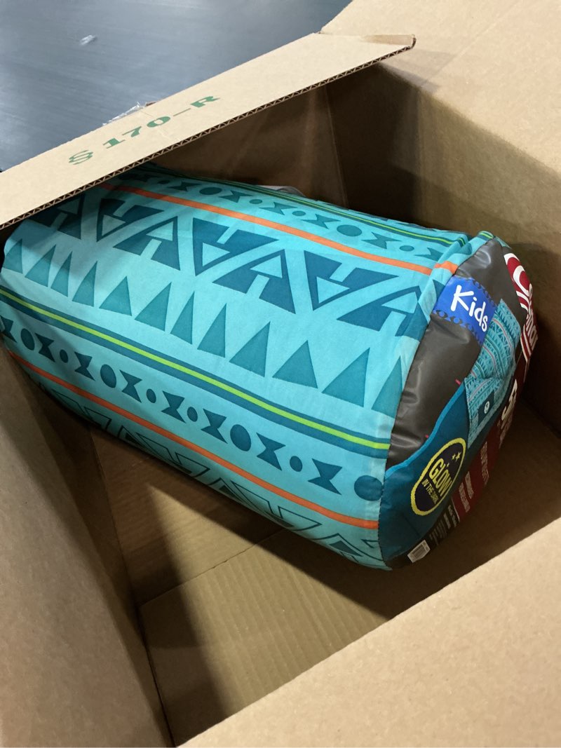 Condition photo showing Good Condition for coleman kids 50°f sleeping bag, comfortable youth sleeping bag for sleepovers & camping, fits children up to 5ft tall, glow in the dark design, stuff sack included, machine washable teal pfas-free