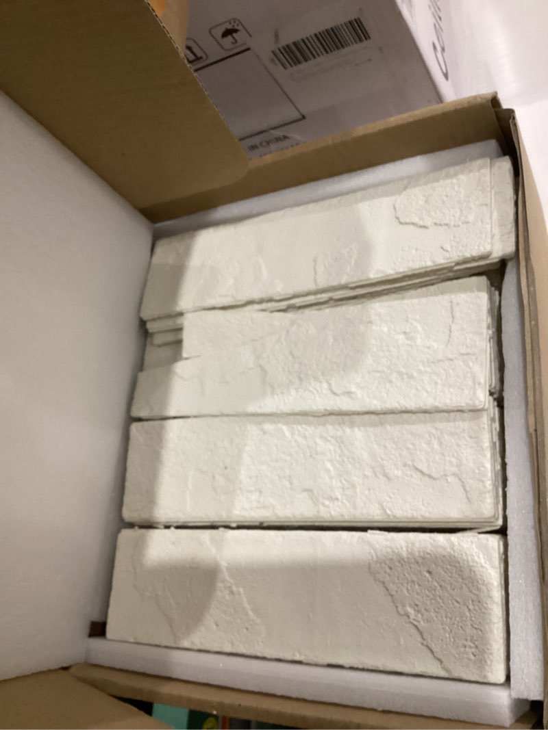 Condition photo showing Good Condition for A FEW MAY BE CRACKED 100 Old Town White Faux Brick Wall Tiles, 3D Thin Brick Veneers for Bedroom, Bathroom, Kitchen, Fireplace and Fence Wall Panels (14.2 sq ft) 100 Pieces, 8.66\"x2.36\"x0.15\" White