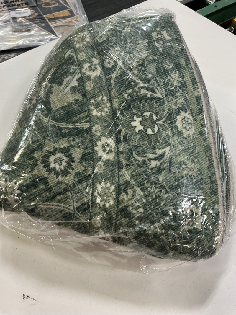 Condition photo showing Good Condition for 4ft round washable area rugs for living room, vintage boho large rug for bedroom dining room office, distressed floral print carpet for under table, soft non slip low pile throw indoor mat, green dark green 4' (round)