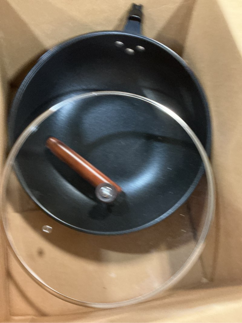 Condition photo showing As Is for 13" nonstick wok - wok pan with glass cover, carbon steel woks & stir-fry pans: flat bottom chinese woks for electric, induction, gas, all stoves glass top wok