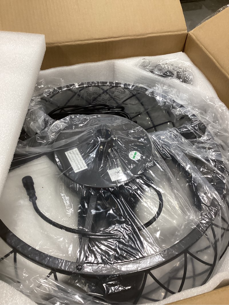 Condition photo showing As Is for crossio 24" outdoor ceiling fan with lights hanging plug in caged outdoor fan remote app control 3cct dimmable, quiet reversible dc motor waterproof for patio pergola porch canopy walnut walnut-24 inch