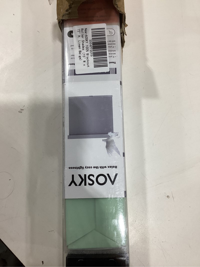 Condition photo showing New/Like New for AOSKY Blackout Roller Shades Cordless Blinds for Windows, Free-Stop Shades with Valance, Thermal Insulated Fabric, UV Protection, Natural Woven Blinds for Home (15" W x 72" H, Linen Beige Linen Beige 15"W x 72"H