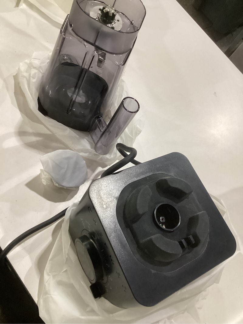 Condition photo showing As Is for PITCHER BROKEN Chefman Obliterator 48 oz Countertop Blender for Smoothies, 1380W Motor to Crush Ice, Nuts, and Frozen Fruit with Stainless Steel Blade, Auto Blend Function, Includes Tamper and Scraper - Midnight MIDNIGHT Power Blender