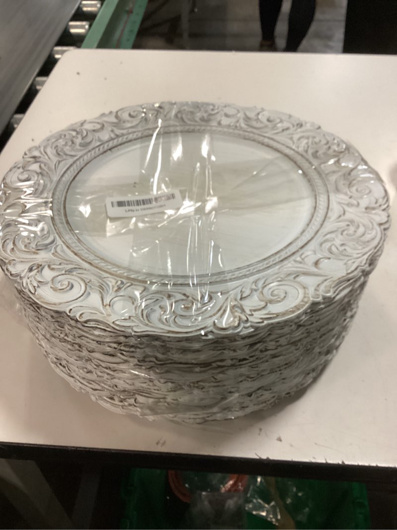 Condition photo showing As Is for 30 pcs antique white charger plates bulk 13 inch embossed rim plastic round decorative vintage plates charger for dinner wedding party event table setting decoration (classic) classic antique white 30