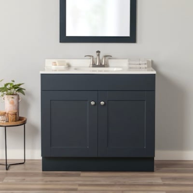  project source dover 36-in navy blue single sink bathroom vanity with white cultured marble top
