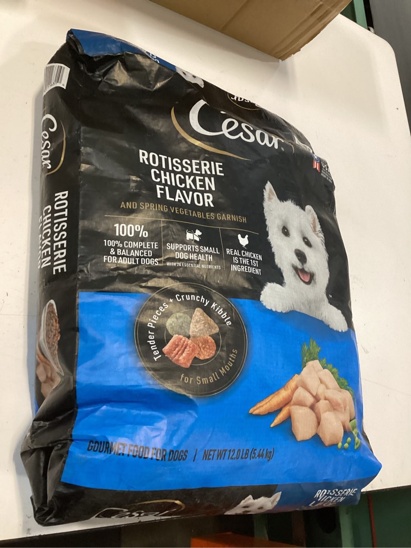 Condition photo showing New/Like New for (bs by 06/17/2026)cesar small breed dry dog food for small dogs, rotisserie chicken flavor and spring vegetables garnish, 12 lb bag chicken 12 pound (pack of 1)t