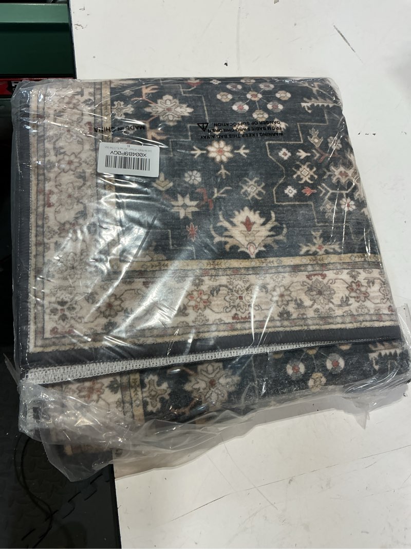 Condition photo showing New/Like New for black boho washable 2x6 runner rugs for hallway kitchen bedroom beside laundry room bathroom rug, pet & kids friendly, non slip low pile stain resistant soft foldable long 24 x 72 floor carpet