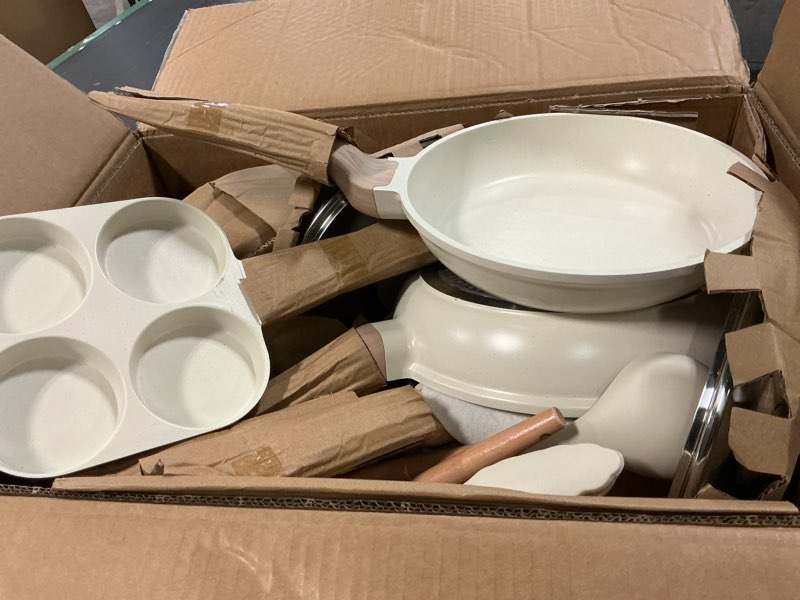 Condition photo showing Good Condition for CAROTE 21Pcs Pots and Pans Set, Nonstick Cookware Sets, White Granite Induction Cookware Non Stick Cooking Set w/Frying Pans & Saucepans(PFOS, PFOA Free) Cream White 21 Piece