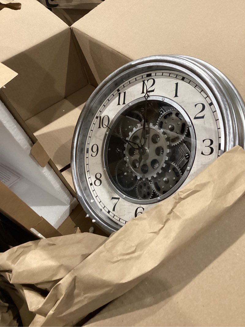 Condition photo showing As Is for lily's home 15" moving gears wall clock, large modern clocks for living room decor, industrial steampunk vintage decorative wall clock for home, office - intricate gear design, bold numbers (silver)