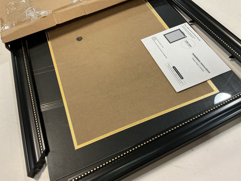 Condition photo showing As Is for yaetm 11x14 diploma frame with mat or display 15x18 certificate without mat, high definition tempered glass, acid-free black matt, black with gold beads, degree frame for graduation, 1 pack black frame with gold beads / black mat - 15x18 matted to 11x14 1