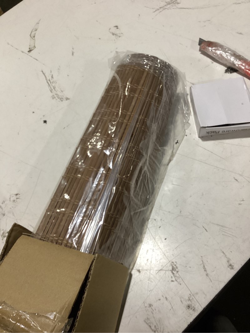 Condition photo showing Good Condition for calyx interiors bamboo roman shades w valance 25" w x 64" h ceylon chestnut | semi-sheer cordless bamboo blinds for interior windows, light filtering - real natural bamboo material and bottom rail
