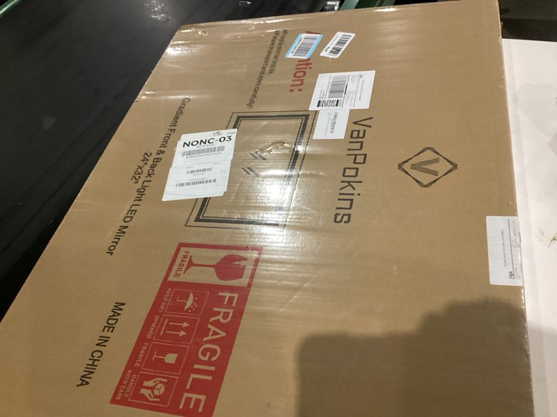 Condition photo showing As Is for LED Bathroom Mirror, 24x32 Inch Gradient Front and Backlit LED Mirror for Bathroom, 3 Colors Dimmable CRI>90 Double Lights, IP54 Enhanced Anti-Fog, Hanging Plates Lighted Vanity Mirror