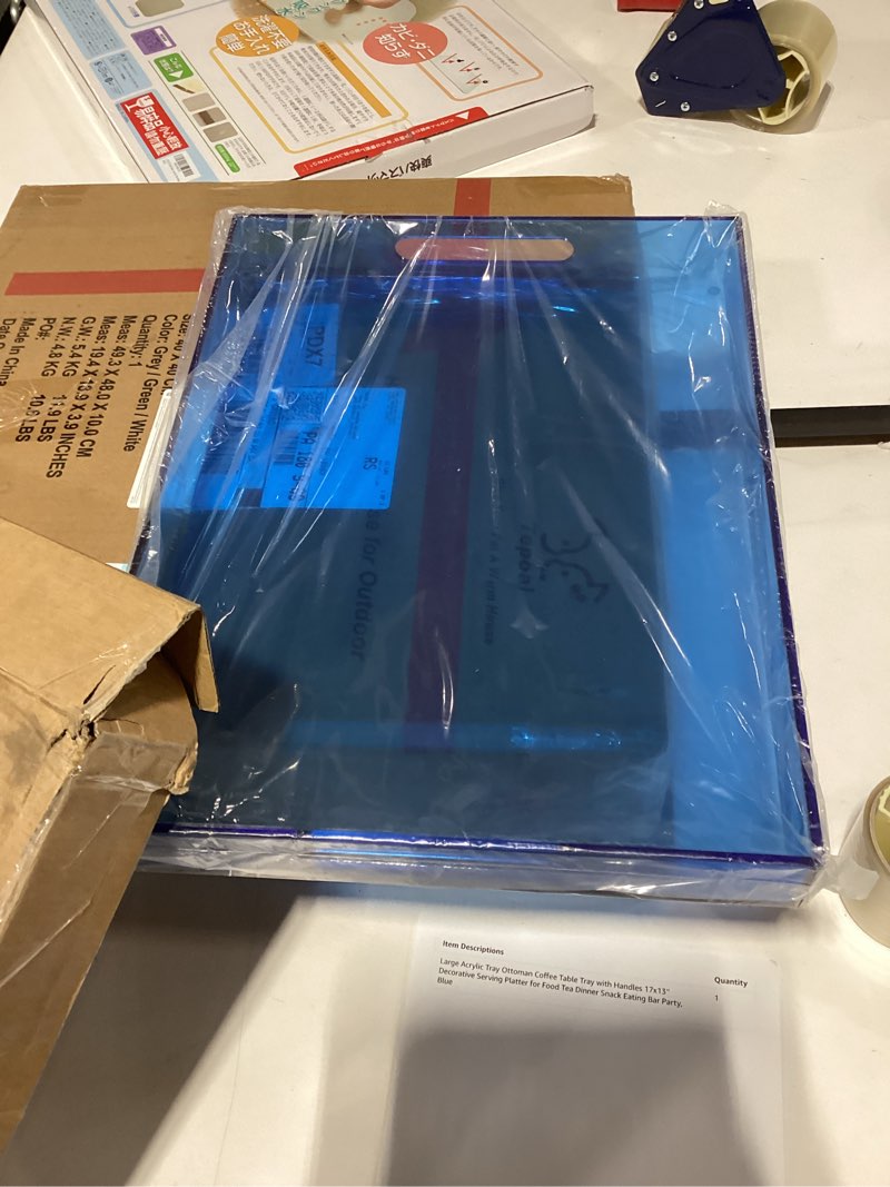 Condition photo showing New/Like New for Large Acrylic Tray Ottoman Coffee Table Tray with Handles 17x13'' Decorative Serving Platter for Food Tea Dinner Snack Eating Bar Party, Blue