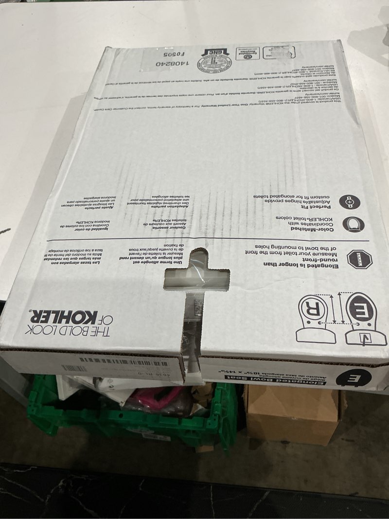 Condition photo showing As Is for kohler 4636-rl-0 cachet readylatch elongated toilet seat slow close, soft close toilet seat quiet lid, contoured grip-tight bumpers installation hardware, apartment essentials, white white elongated ready latch