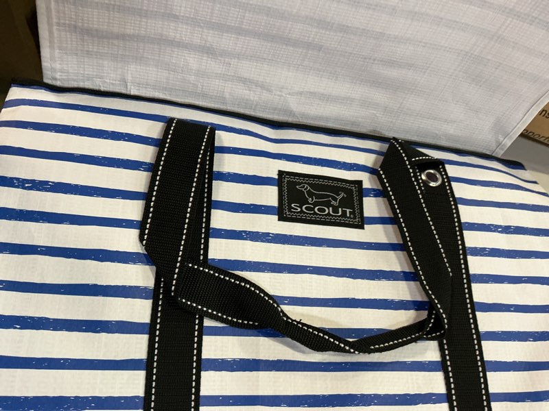 Condition photo showing As Is for scout original deano tote - durable lightweight open top beach, pool & lake bag, inside zip pocket, folds flat nantucket navy